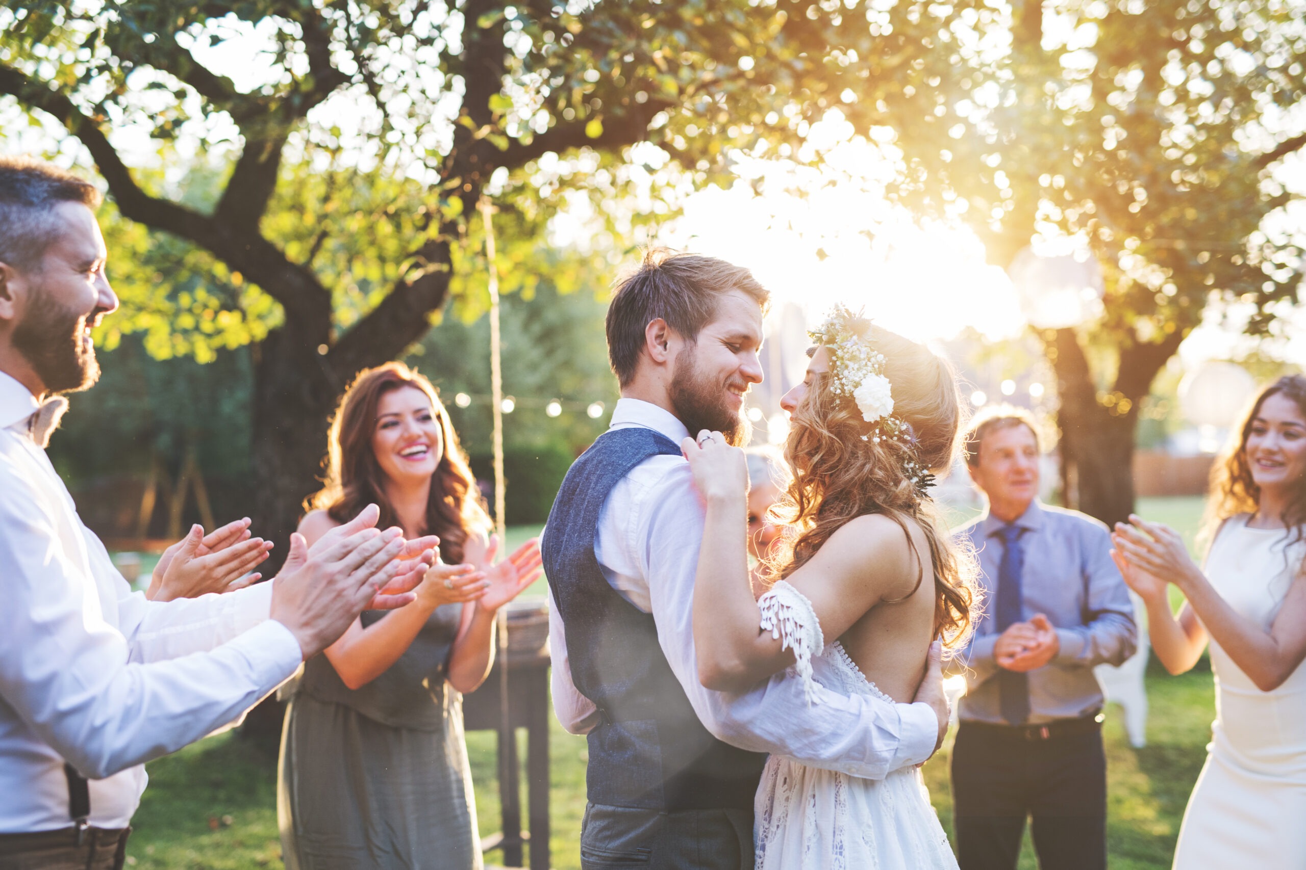Bride,And,Groom,Dancing,At,Wedding,Reception,Outside,In,The